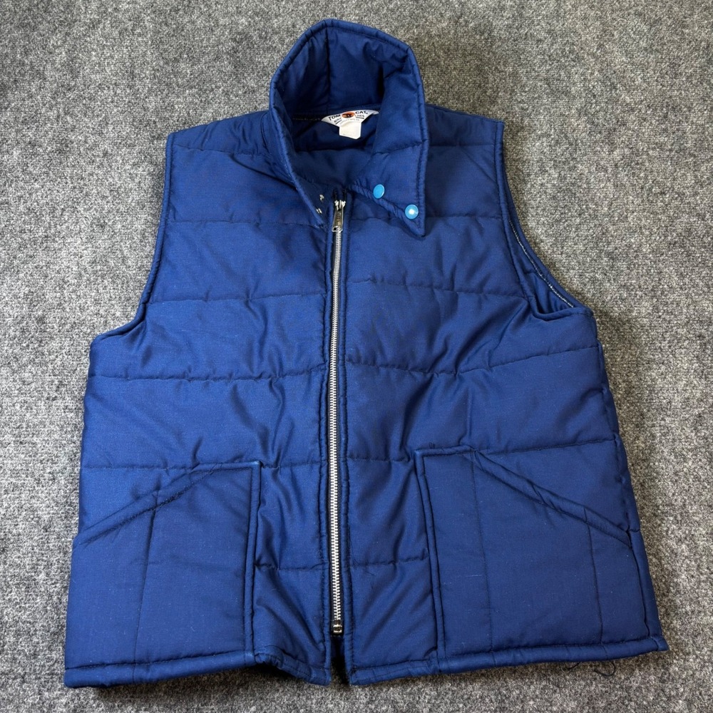 Vintage‎ Tom Cat Puffer Vest Blue Quilted Nylon Zip Front Workwear Men Size L